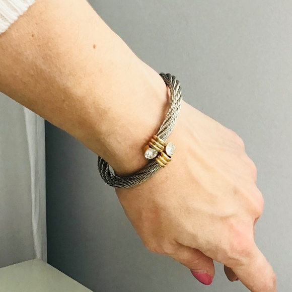 VINTAGE silver and gold tone twisted bracelet with sparkling stones - Picture 4 of 7